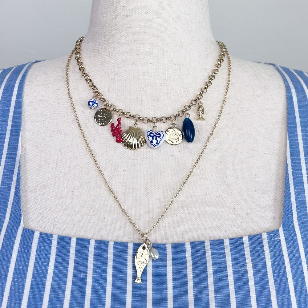 American Eagle Beachy Coastal Fish Mermaid Seashell Gold Tone Charm Necklace NWT